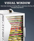 12-Tier Stainless Steel Food Dehydrator Machine with Digital Timer and Thermostat showing colorful fruits and veggies inside visual window.