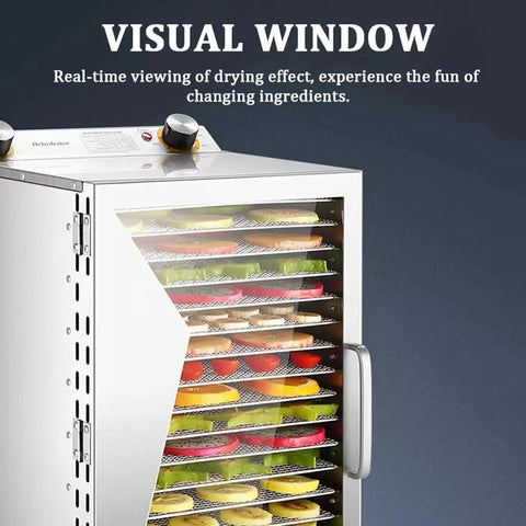 12-Tier Stainless Steel Food Dehydrator Machine with Digital Timer and Thermostat showing colorful fruits and veggies inside visual window.