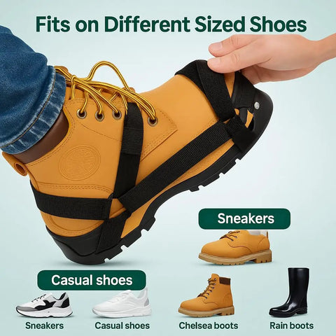 Heavy Duty Lawn Aerator Shoes With Spikes over yellow boot, demonstrating fit with different shoe types, one size fits most.