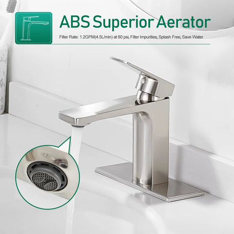 Brass Bathroom Faucet In Brushed Nickel Finish, No-Fuss Single Handle, 1 Or 3 Hole Install, shown with water flow and aerator detail
