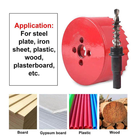 Bi Metal Hole Saw Set M42 HSS Ten Diameters 75mm Through 120mm, red hole saw cutter with drill guide for wood, metal, plastic