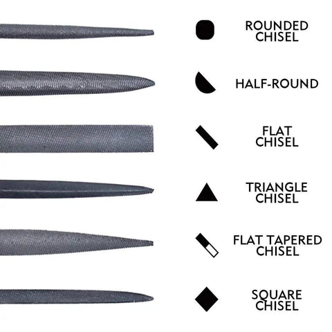 Needle File Set Six Piece Carbon Steel Tools Pro Grade with six chisel shapes, including round, half-round, flat, triangle, square.