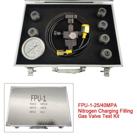 Nitrogen Charging And Pressure Test Kit For Hydraulic Accumulators, case with gauge, hoses, adapters, Workhorse Pro Grade, 25-40 MPa