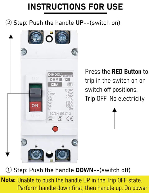 Heavy Duty 125 Amp DC Circuit Breaker And Battery Disconnect Switch For Solar Systems And UPS featuring instructions for use.