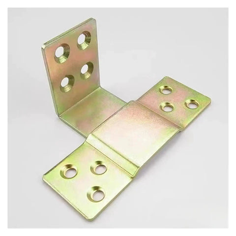 Heavy Duty Bed Hinges With Plug In Furniture Connectors Built Tough For Long Lasting Support And Dead Simple Tool Free Setup Includes 4 Pair Premium Metal Fasteners For Couches And Beds, showing gold metal hinge.