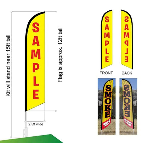 Feather Banner Swooper Flag Advertising Kit With 12 Foot Flag And 15 Foot Telescopic Flagpole Plus Ground Stake for outdoor use.