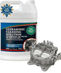 Top Notch Ultrasonic Cleaner Fluid For Carburetors And Engine Parts That Cuts Right Through Grease Varnish And Road Grime Fast For Garage Crews And Bikers in 1-gallon bottle with carburetor part.
