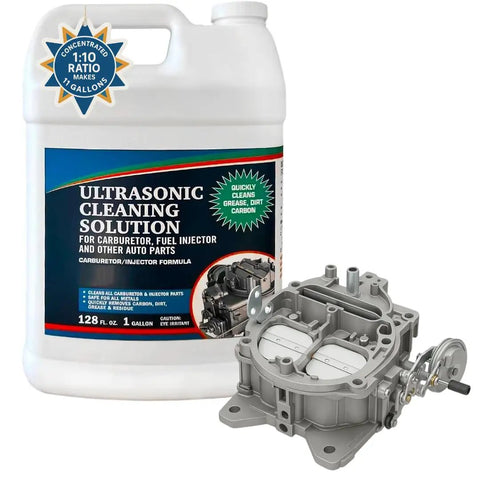 Top Notch Ultrasonic Cleaner Fluid For Carburetors And Engine Parts That Cuts Right Through Grease Varnish And Road Grime Fast For Garage Crews And Bikers in 1-gallon bottle with carburetor part.