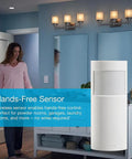 Smart Motion Sensor For Dimmers, Switches, And Fans With Auto On Off Lighting in bathroom setting, white device visible
