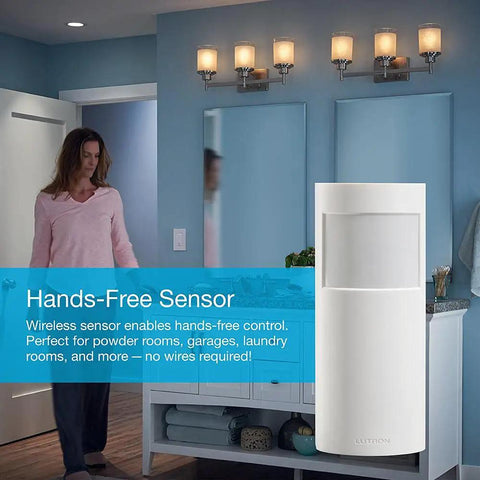 Smart Motion Sensor For Dimmers, Switches, And Fans With Auto On Off Lighting in bathroom setting, white device visible