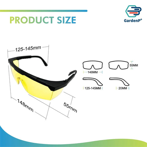 Hardcore UV Protective Safety Glasses With Snug Yellow Tint Anti Fog And Anti Glare Shield wraparound lens size diagram showing dimensions.