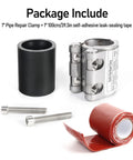 Pipe repair clamp kit: 1 stainless steel clamp, 1 black rubber sleeve, 2 screws, 1 roll red self-adhesive tape