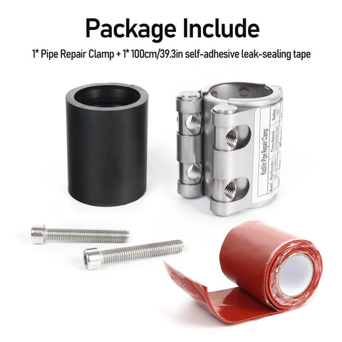 Pipe repair clamp kit: 1 stainless steel clamp, 1 black rubber sleeve, 2 screws, 1 roll red self-adhesive tape