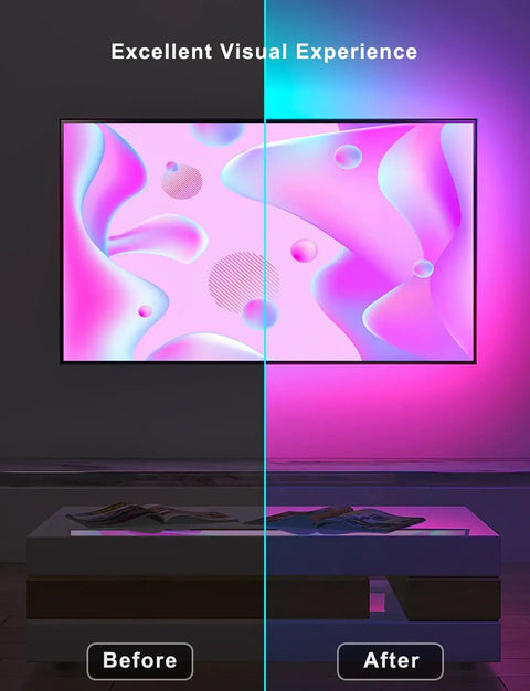 LED Backlight Kit for 40 to 75 Inch TVs with Power Supply, dynamic RGB colors showing before and after effects.