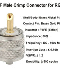 UHF Male PL259 Crimp Connector For LMR195 And RG58 Coax Cable with gold pin, nickel plated brass body, PTFE insulator