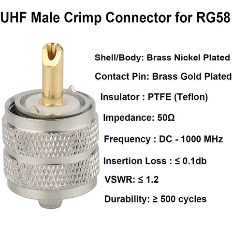 UHF Male PL259 Crimp Connector For LMR195 And RG58 Coax Cable with gold pin, nickel plated brass body, PTFE insulator