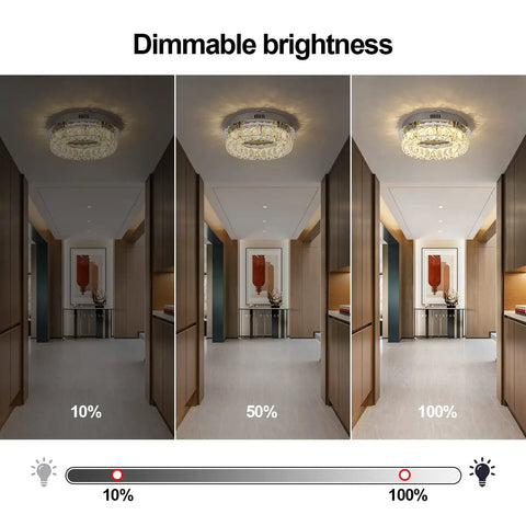 Dope Modern Crystal Ceiling Light With Dimmable LED Flush Mount 12 Inch Chrome Industrial Chandelier dimming levels shown.