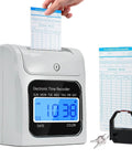 Solid Automatic Employee Time Clock Punch Machine Built For Busy Bosses delivering time card punches with digital display and keys.