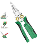 The Real McCoy 8 In One Wire Stripper With Built In Voltage Tester And Heavy Duty Crimping Pliers showing green handles and multi-functional design.