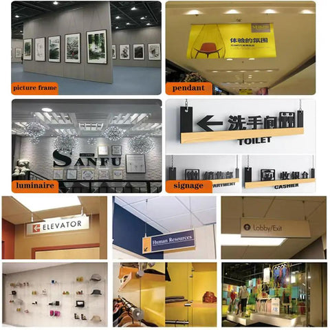 Decorative installations including frames, pendants, luminaires, and signage; potential use for 20Pcs Wire Rope Cable Clips For Hanging Pictures And Lights