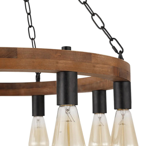 Close-up of Round Wagon Wheel Chandelier With Eight Lights, Rustic Farmhouse Pendant Fixture, wood frame with faux rust metal.