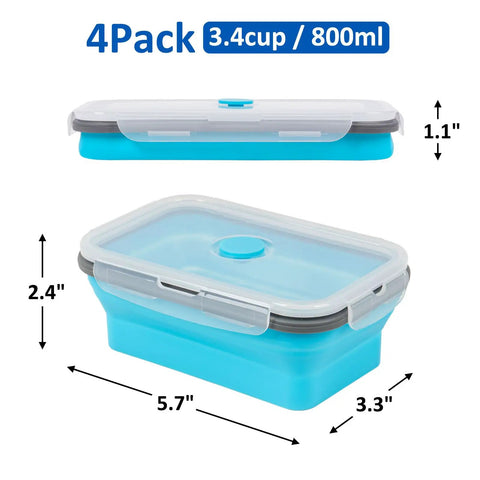 Collapsible Silicone Food Storage Set With Lid And Air Vent For On The Go, Foldable Lunch Containers, Four Piece Blue Set, 27 Ounce.