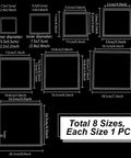Top Shelf Set Of Eight Square Router Templates For Woodworking Projects Tough Clear Acrylic Tracing Jigs displaying 8 sizes from 2.9 to 8 inches.