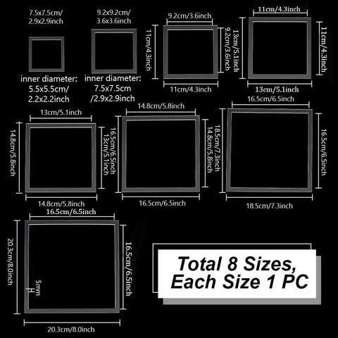 Top Shelf Set Of Eight Square Router Templates For Woodworking Projects Tough Clear Acrylic Tracing Jigs displaying 8 sizes from 2.9 to 8 inches.