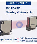 5-Meter Detection Gate Safety Photocell Sensor for Garage Doors with DC12-24V, front view showing sensing distance of 5 meters