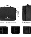 Waterproof Electronics Organizer Bag With Double Layer Design For Cables Power Bank And Tablet Gear Up To 11 Inch Shockproof Travel Cable Case For USB Cables Chargers Earbuds And More Black, showing dimensions and interior compartments.