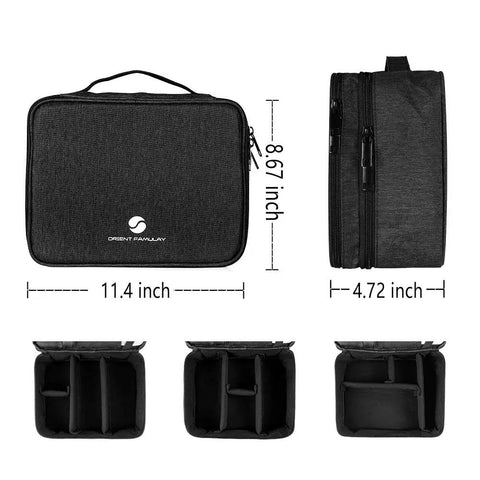 Waterproof Electronics Organizer Bag With Double Layer Design For Cables Power Bank And Tablet Gear Up To 11 Inch Shockproof Travel Cable Case For USB Cables Chargers Earbuds And More Black, showing dimensions and interior compartments.