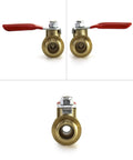 Brass ball valve with red lever handle; 1/4 in. NPT fittings, two-valve set for air compressors.