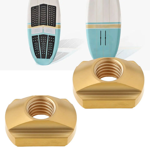 Close-up of Solid M8 Brass Hydrofoil T Nuts for Water Sports Tracks 20x8mm and 20x14mm for windsurfing and kitefoiling gear.