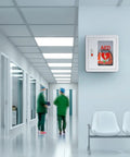 Rock Solid Steel Wall Mount AED Cabinet With No Fuss Snap Lock Door And Clear Acrylic Panel for Quick Grab Emergency Access in hallway
