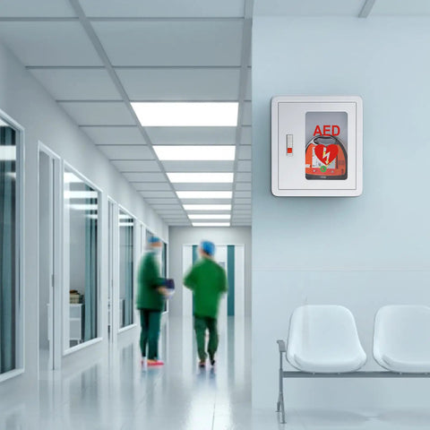 Rock Solid Steel Wall Mount AED Cabinet With No Fuss Snap Lock Door And Clear Acrylic Panel for Quick Grab Emergency Access in hallway