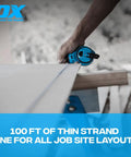 Trade Ready Workhorse Heavy Duty Chalk Reel with 100 ft thin line on a job site, worker using for precise layout