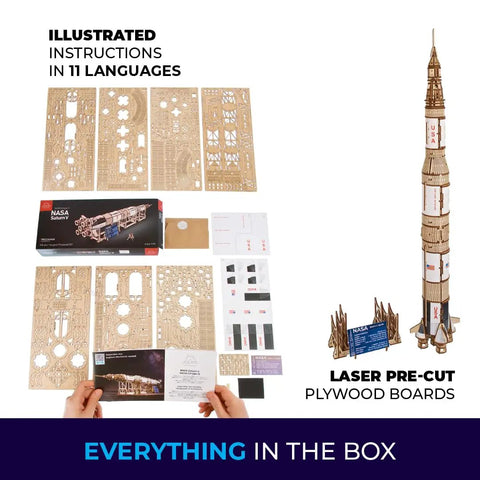 Saturn V 3D Puzzle Kit for Adults Wooden Model Rocket Set Space Shuttle Model Aerospace Engineering Gift Epic Nerdy Brain Teaser Hobby Craft Full DIY Kit for Collectors and Builders, laser-cut plywood boards and instructions