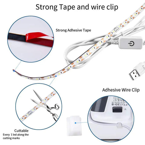 Close-up of the Top Shelf Quality 12 Inch Led Light Strip For Sewing Machines with adhesive tape and wire clip