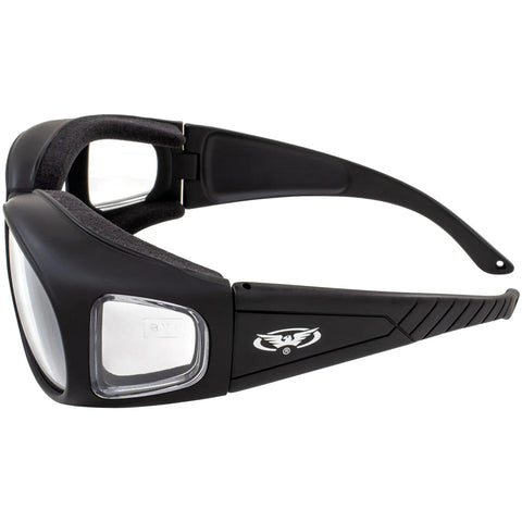 Side view of Over Glasses Motorcycle Safety Sunglasses 2 Pack Smoke And Clear Lenses with air soft foam padding and shatterproof frame.