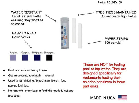 Sani Test Strips For Food Service Kitchens And Restaurants, Quick 0-200 PPM Chlorine Bleach Test Paper, 100 Strips Pack shown