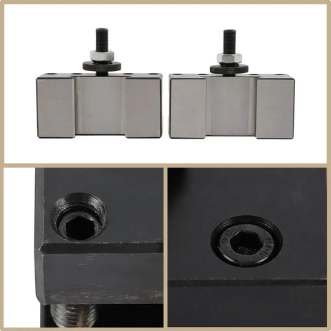 Close-up of Wedge Type Quick Change Tool Post Kit With 6 Tool Holders For End Face Machining, highlighting bolt and build quality.
