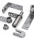 Built Tough Stainless Steel Pivot Door Hinge Delivering Slick 360 Degree Spin And Instant Auto Close Function For Heavy Duty Room Dividers And Thick Hardwood Trims, assorted stainless components.