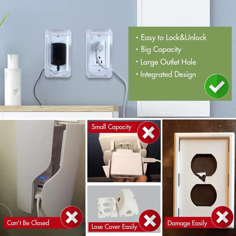 Clear Outlet Cover Box For Baby Safety on wall with cables, showing easy lock feature and spacious design, 1 pack