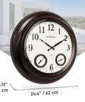 24 Inch Self Illuminated Outdoor Clock With Weather Station Thermometer And Hygrometer Waterproof Metal Clock In Oil Rubbed Bronze Finish Modern Farmhouse Style Night Light Auto Brightness Sensor, shown mounted on outdoor wall.