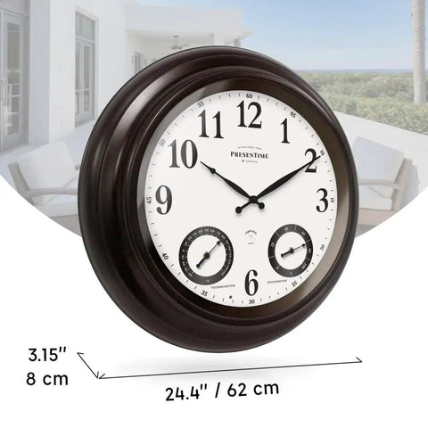 24 Inch Self Illuminated Outdoor Clock With Weather Station Thermometer And Hygrometer Waterproof Metal Clock In Oil Rubbed Bronze Finish Modern Farmhouse Style Night Light Auto Brightness Sensor, shown mounted on outdoor wall.