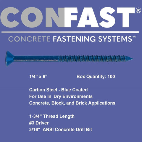 One Quarter Inch By Six Inch Blue Flat Phillips Concrete Screw Anchor With Drill Bit Included For Masonry Block Or Brick