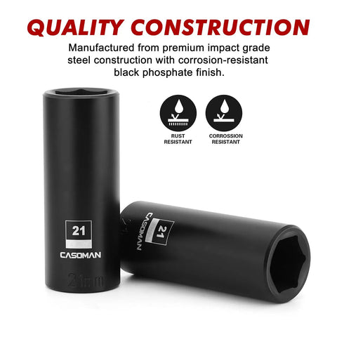 Two Pack Half Inch Drive 21mm Deep Impact Socket Set 6 Point Metric CR MO Steel Drop Forged And Heat Treated Black Oxide Finish