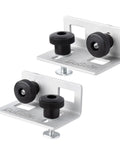 Two-pack of aluminum multi track brackets with T-bolts and knob screws for aluminum T-tracks one quarter twenty inch hardware.
