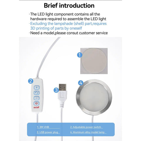 Durable Aluminum LED Lamp Assembly Kit components with USB power plug, control switch, and aluminum alloy model lamp parts.