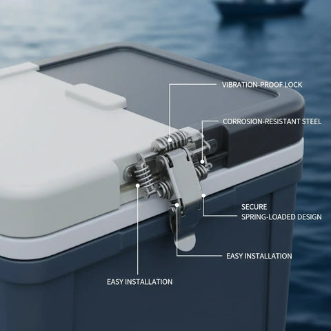 Heavy Duty Spring Loaded Toggle Latch For Secure Tackle Box And Custom Storage Case Lock mounted on a tackle box lid.